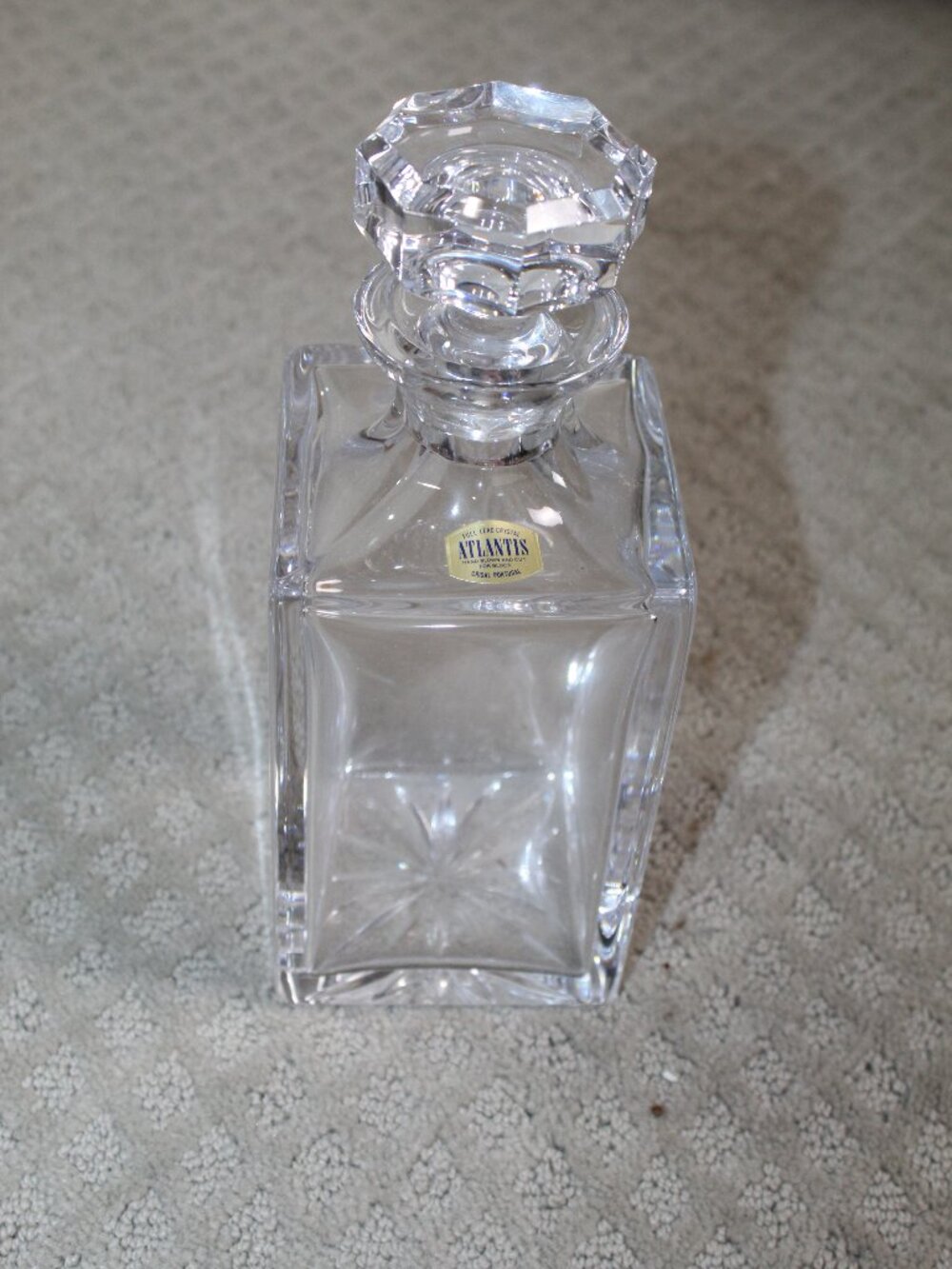 Vtg Atlantis Crystal Square Whiskey Decanter W/ Faceted Stopper 10" Barware IOB